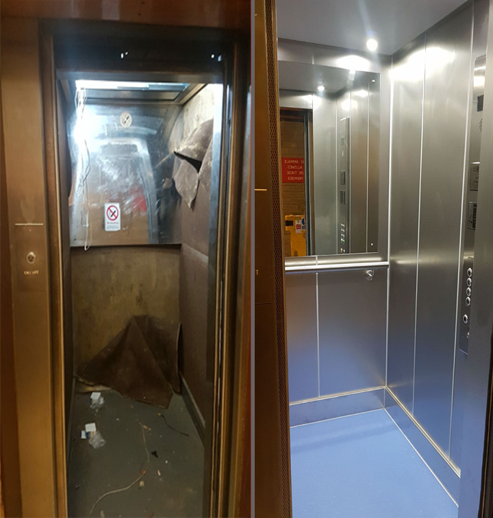 inside before and after lift refurbishment